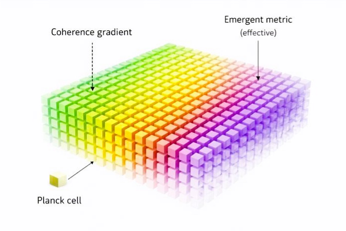 Conceptual SOL Planck-cell lattice with coherence gradient
